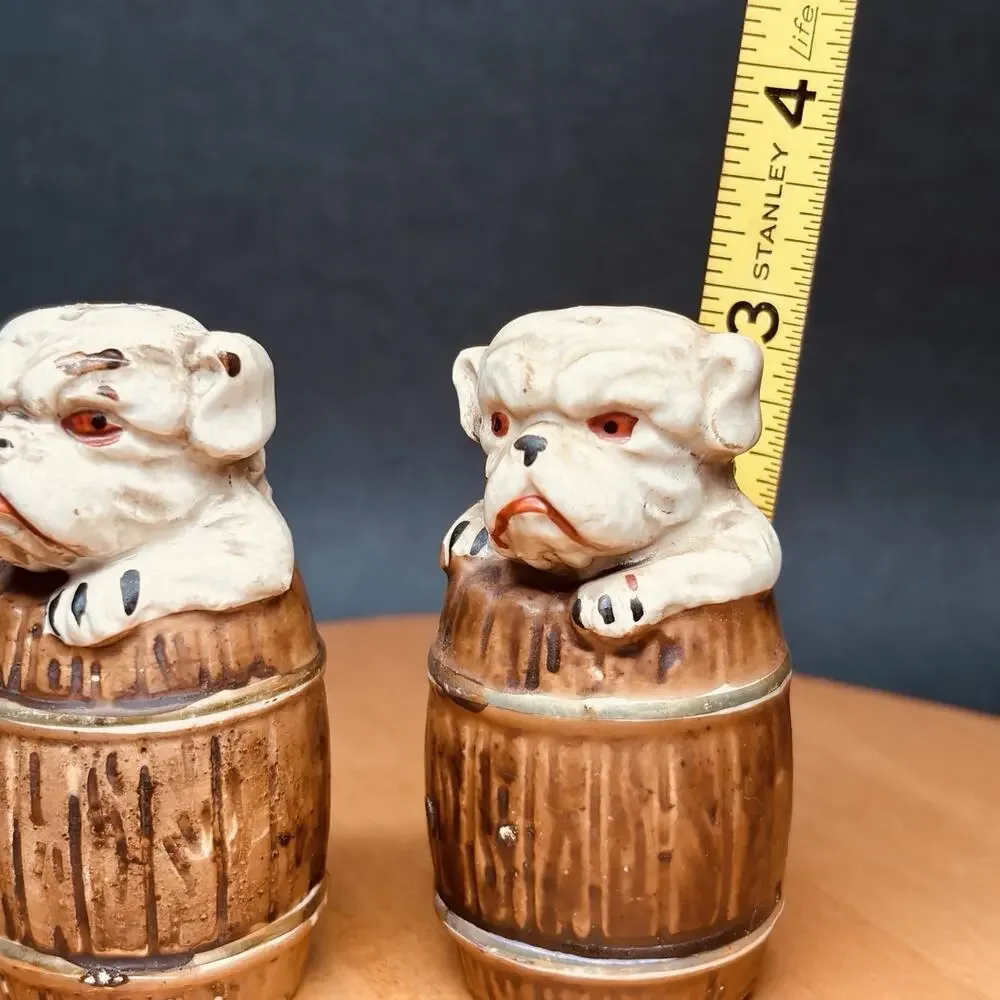 Vintage Japan Bulldog Puppy in Barrel Salt & Pepper Shakers Ceramic Dog Pair
